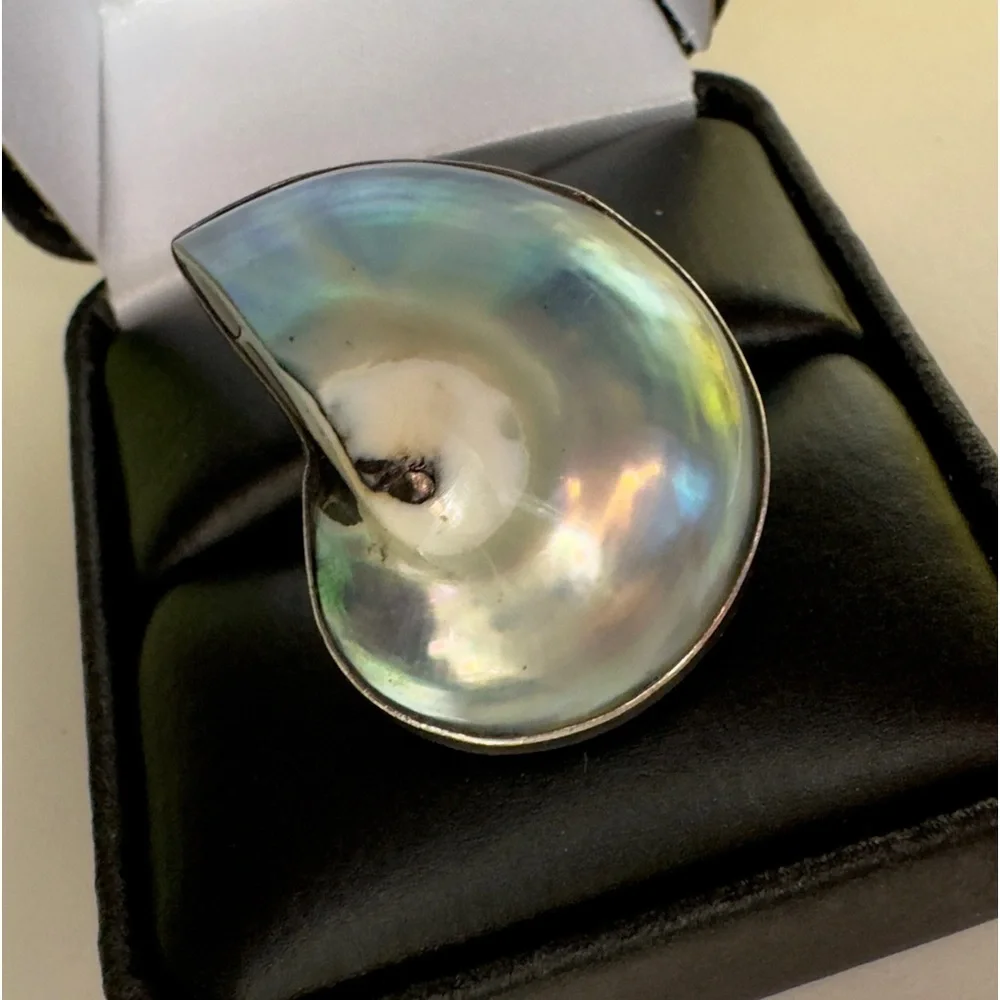 Vintage Osmena Pearl Nautilus shell Handmade statement ring 925 sterling silver